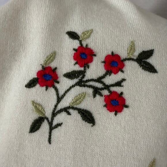 Vintage Jantzen Wool Cardigan Floral Embroidered Sweater Ivory Red Size 38 - Picture 3 of 9